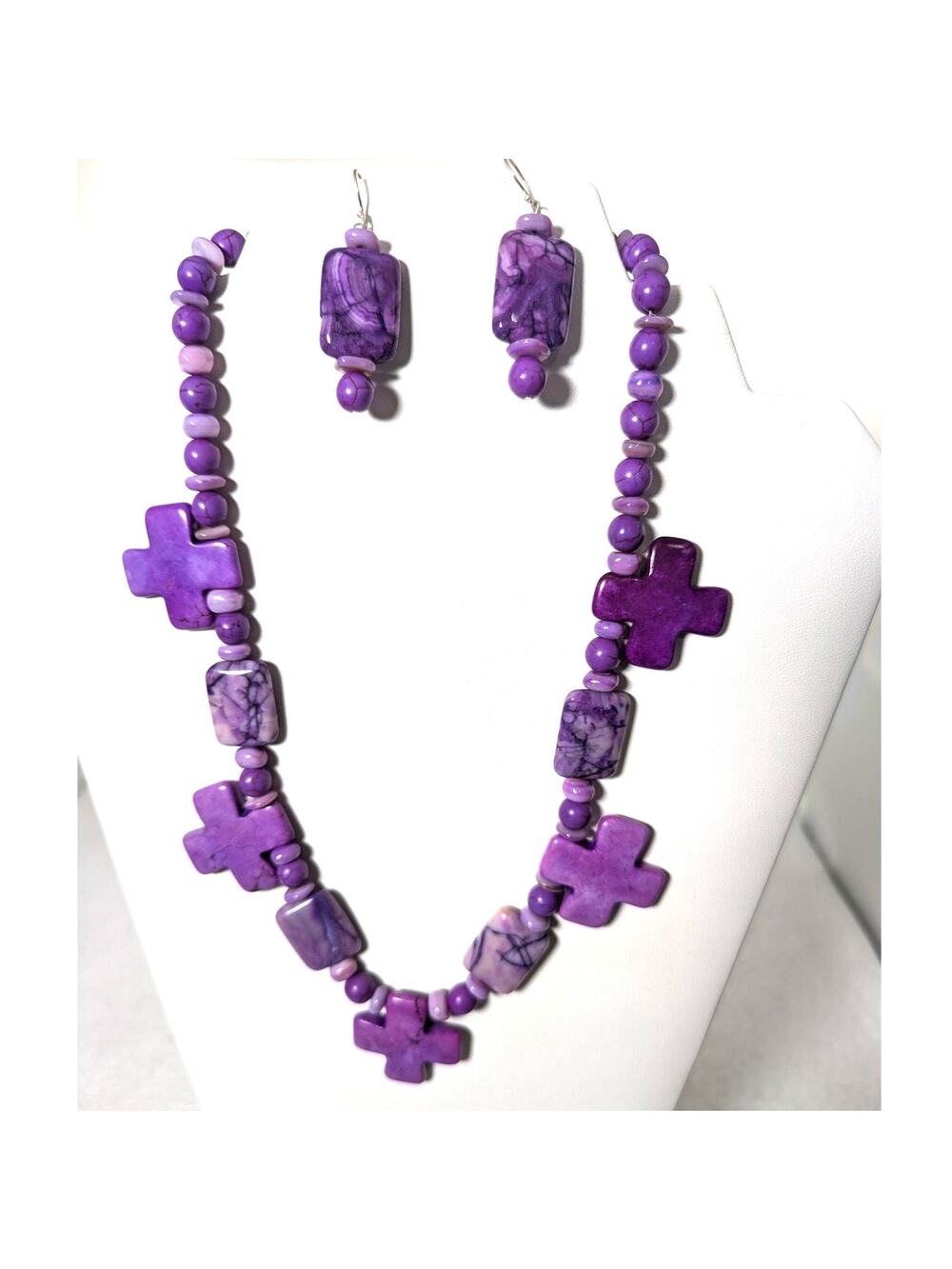 Purple dyed Puau shell crosses necklace +earrings SS =SP18-23" earrings 2"x5/8"
